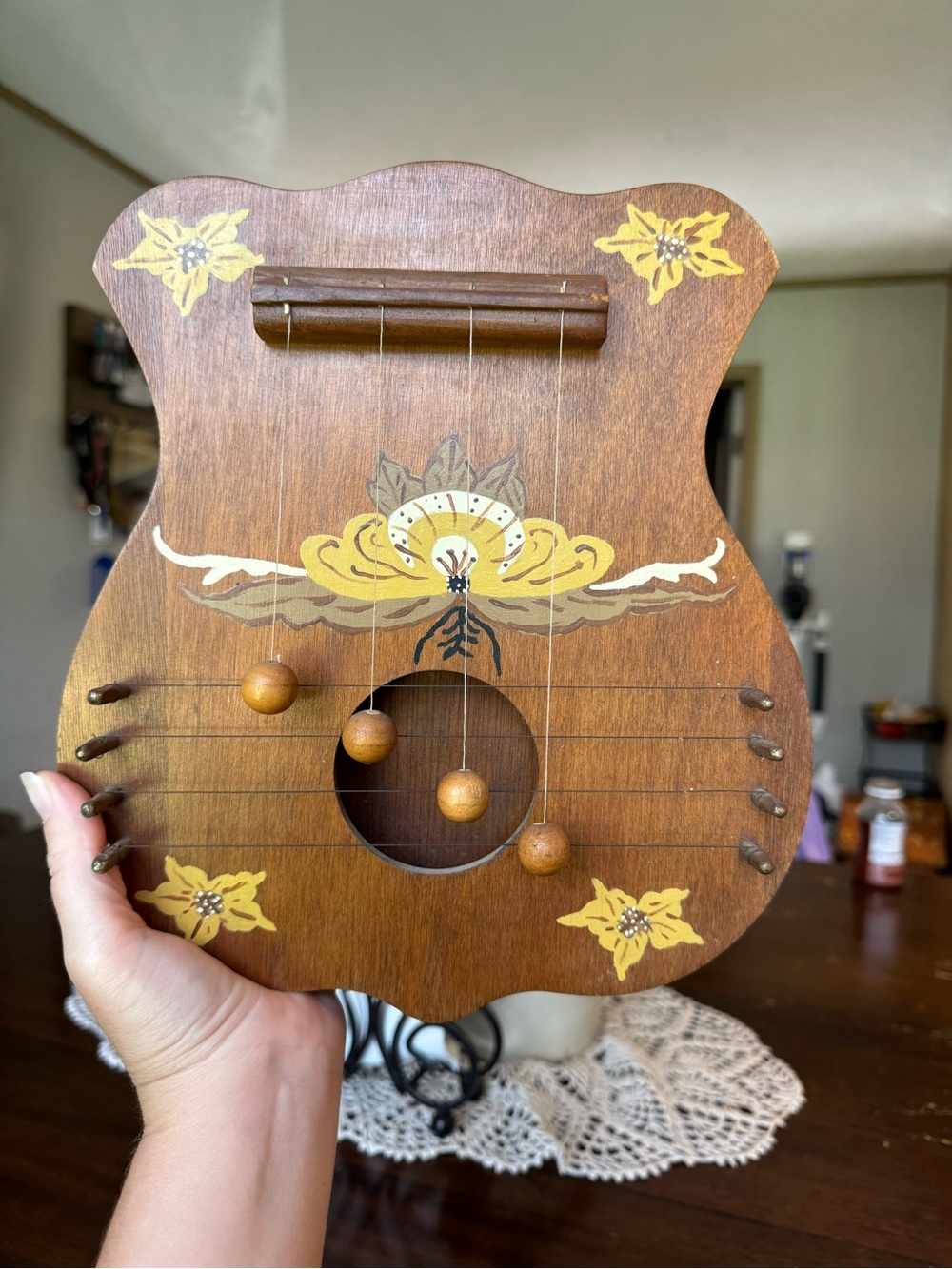 Vintage Hand-Painted Wooden Door Harp Decor in Brown and Yellow